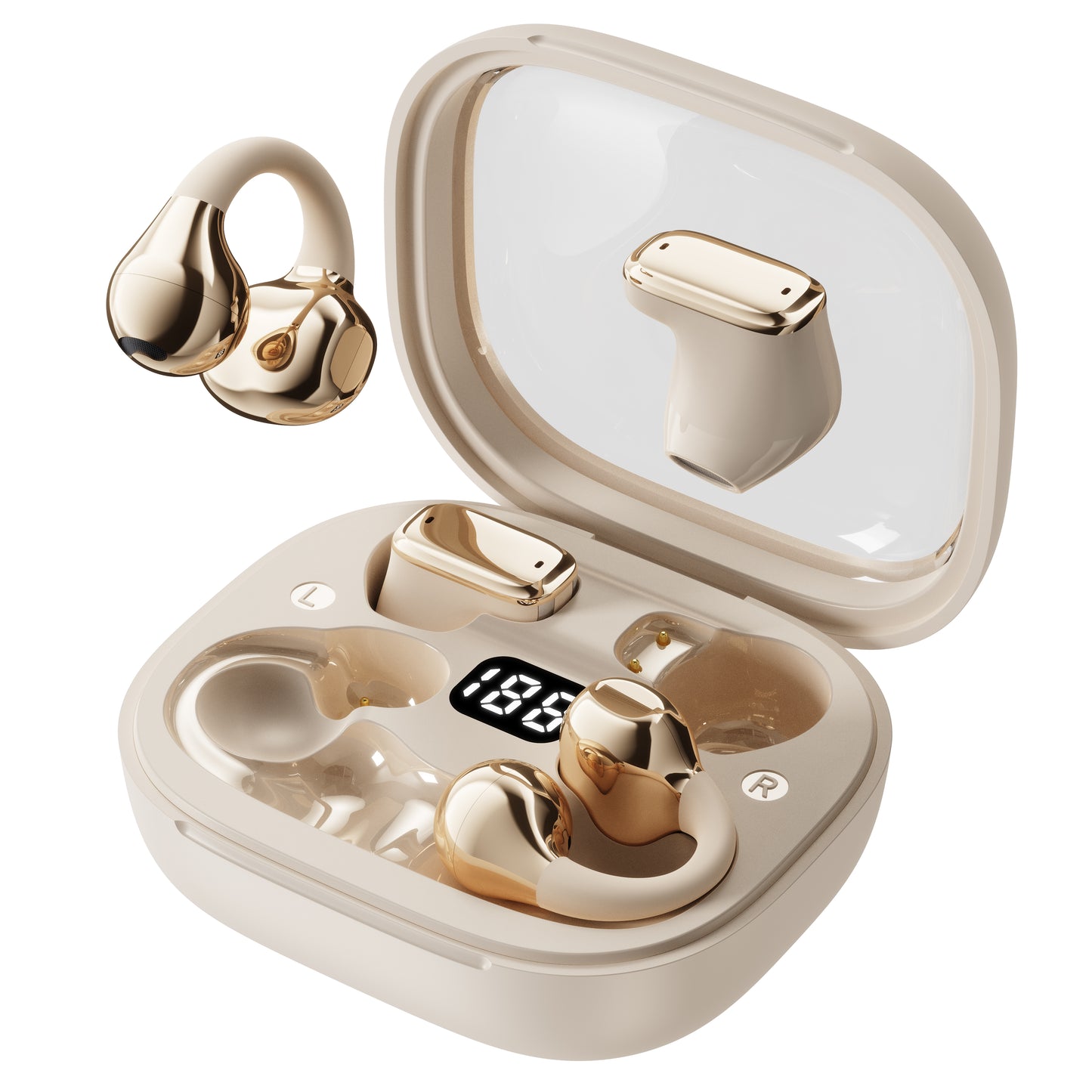 OWS Open‑Ear Clip‑on Wireless Earbuds‑Square Transparent Case with LED Digital Battery Display, IPX4