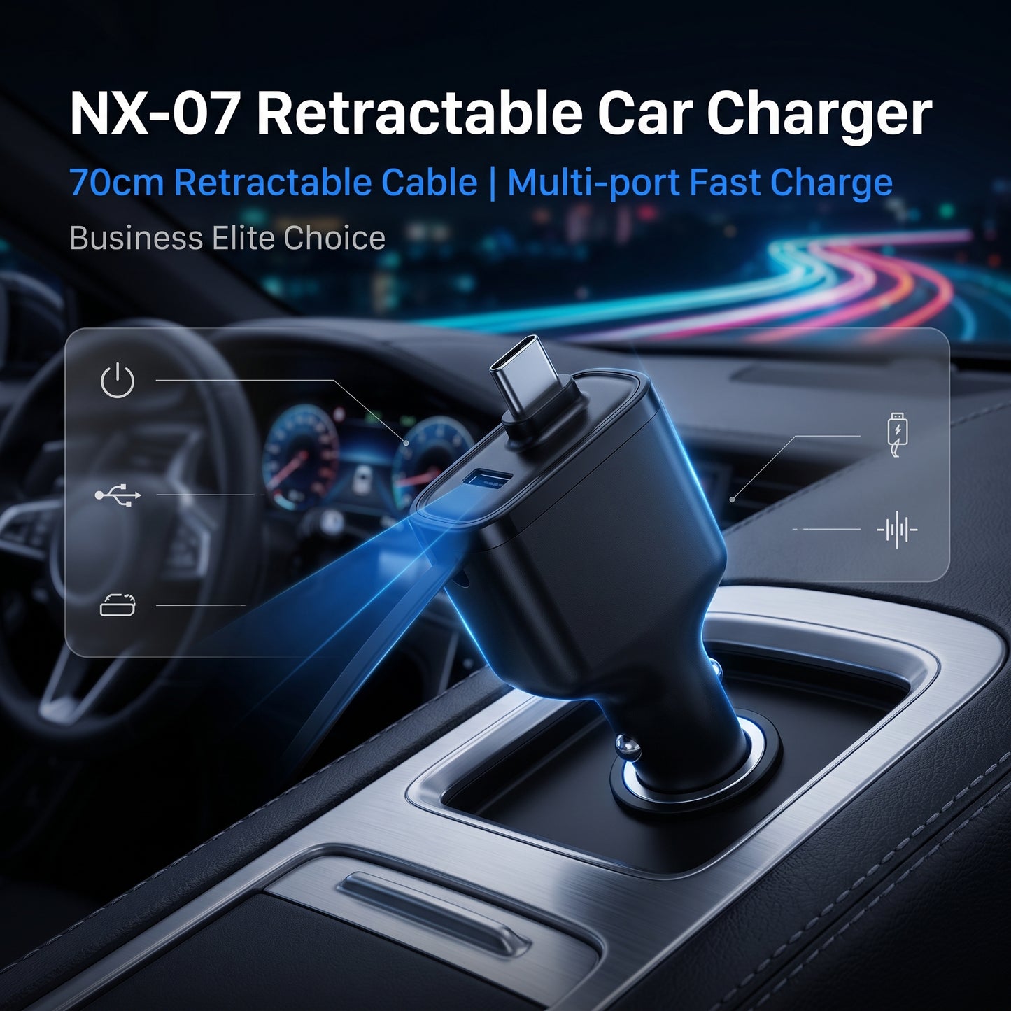 NX-08 Retractable Car Charger - 36W PD 3-Port Fast Charge
