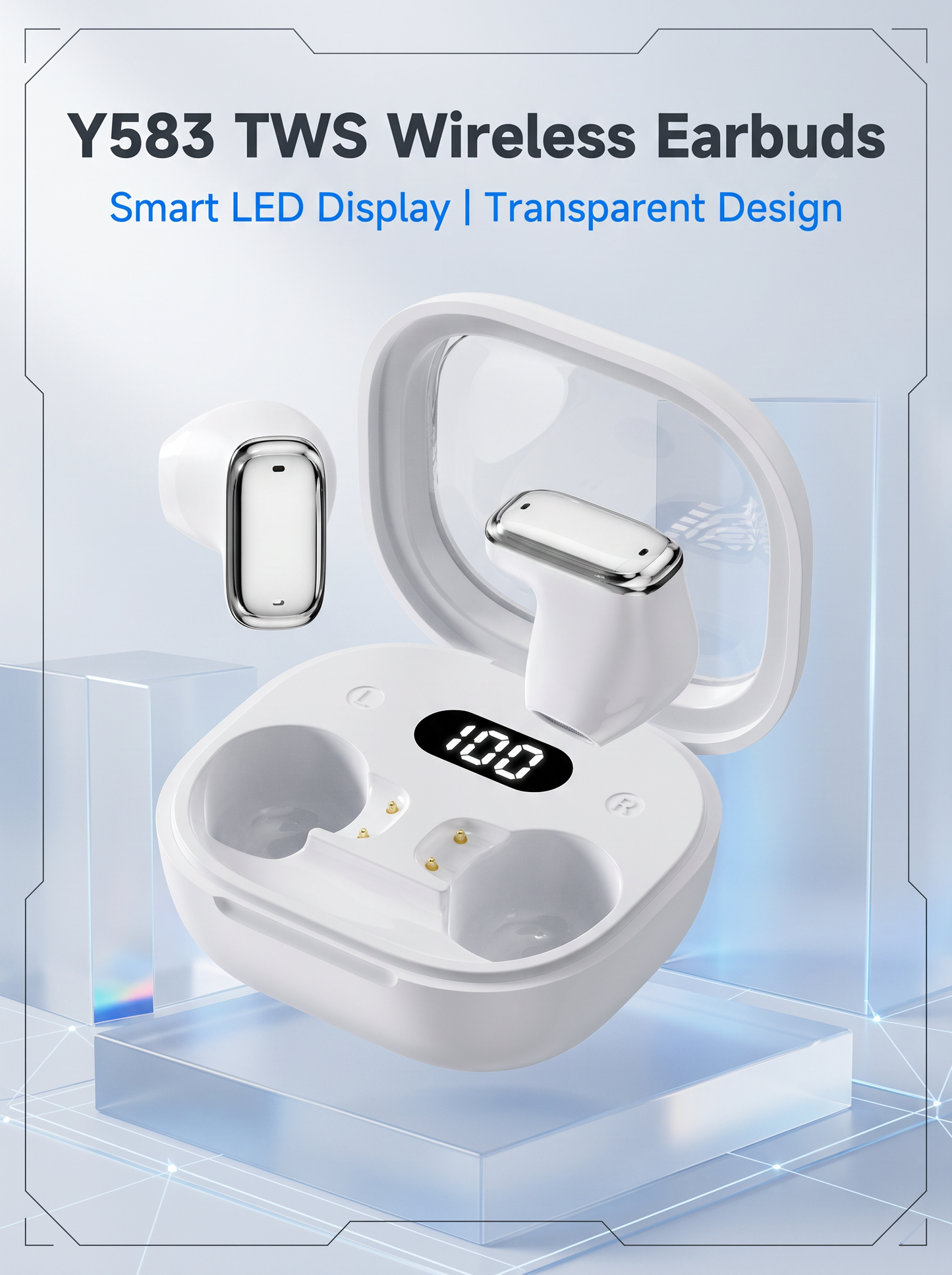 Semi‑In‑Ear TWS Wireless Earbuds‑Square Transparent Window with LED Digital Battery Display, IPX4