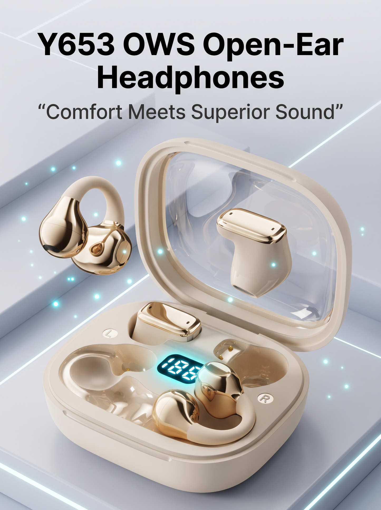 OWS Open‑Ear Clip‑on Wireless Earbuds‑Square Transparent Case with LED Digital Battery Display, IPX4