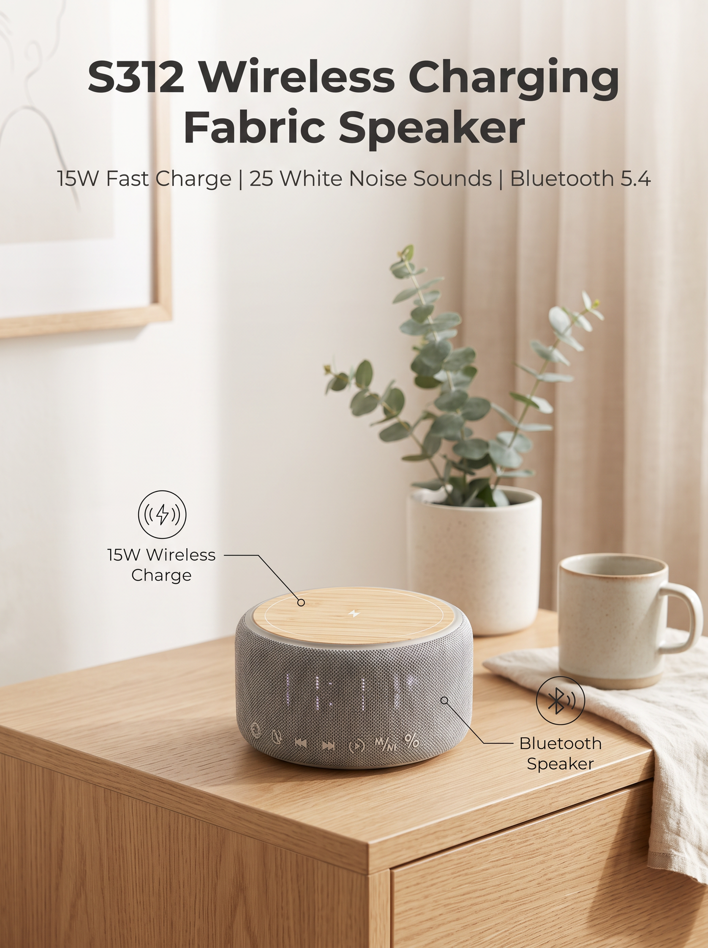 Compact Wireless Charging Bluetooth Speaker with 25 White Noise Tracks
