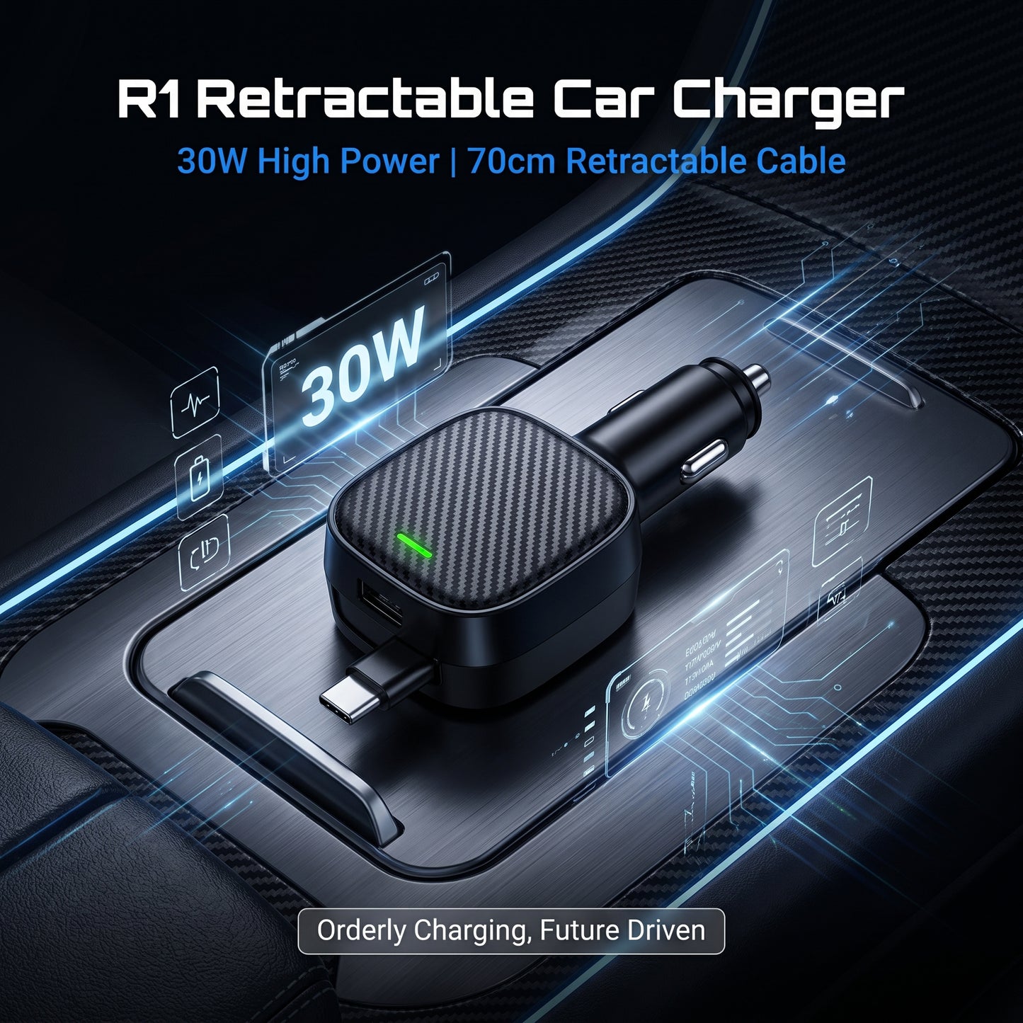 R1 Retractable Car Charger - 30W Dual USB-C Fast Charge