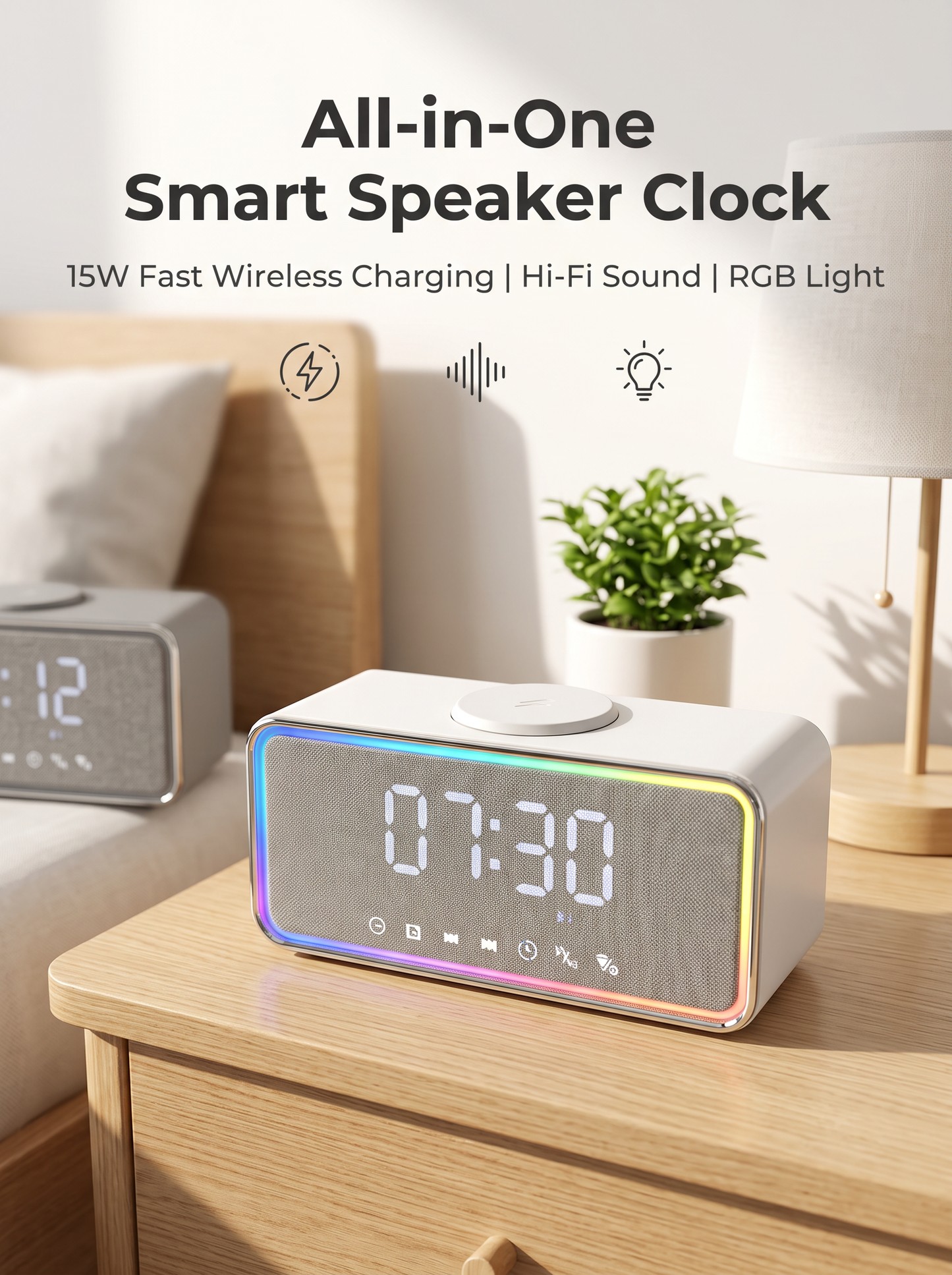 Bluetooth Speaker Alarm Clock with Wireless Charging & LED Mood Light