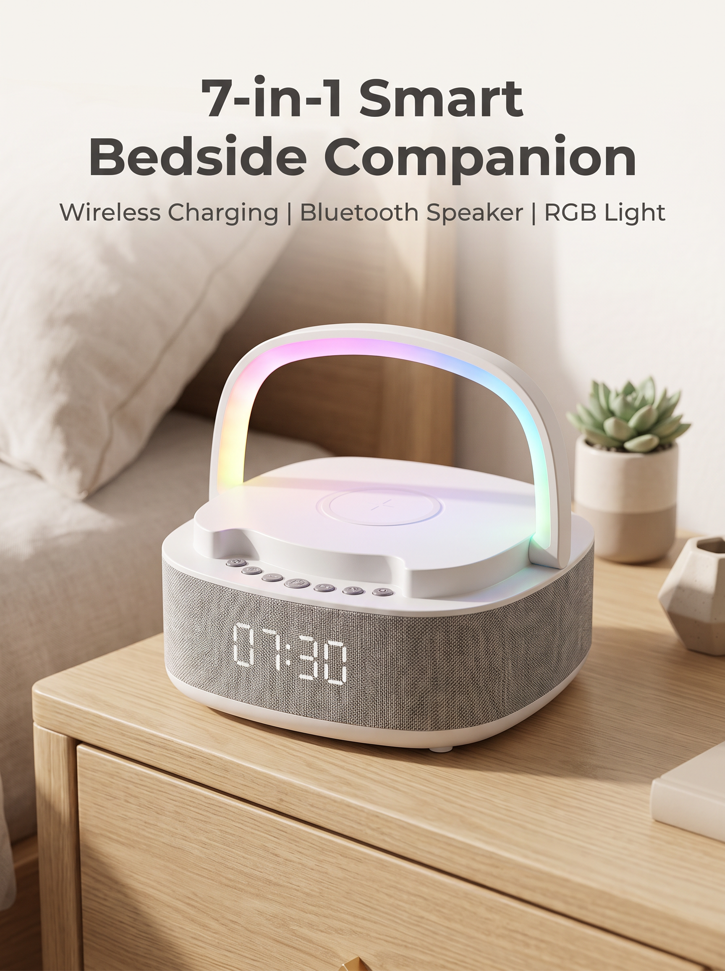 Wireless Charging Bluetooth Speaker with LED Clock & White Noise Machine