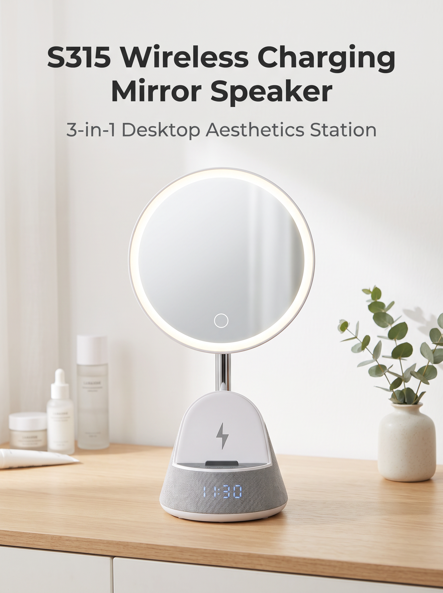 Vanity Mirror Bluetooth Speaker with Wireless Charging & 3-Color Touch Light