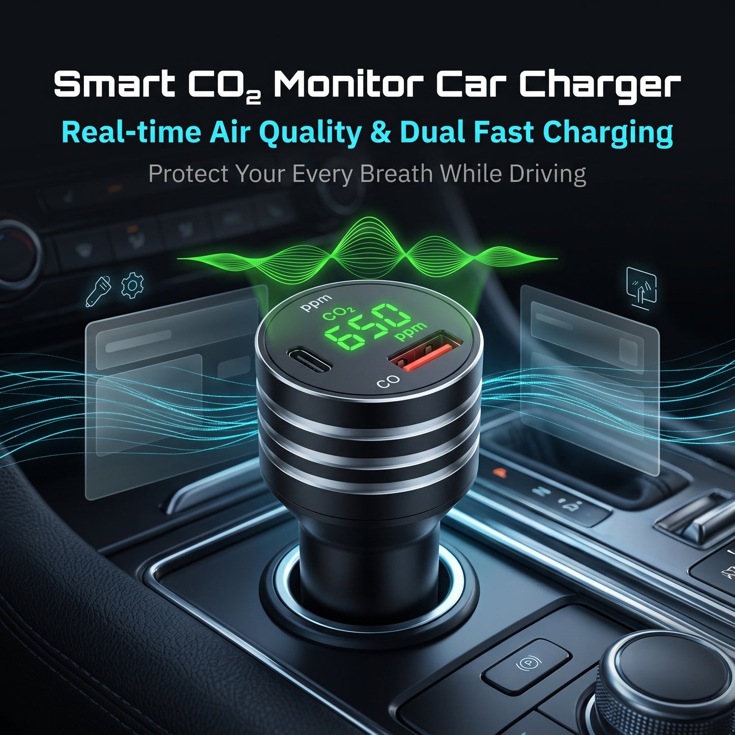CO2 Monitor Car Charger - Air Quality Detection & Fast Charging