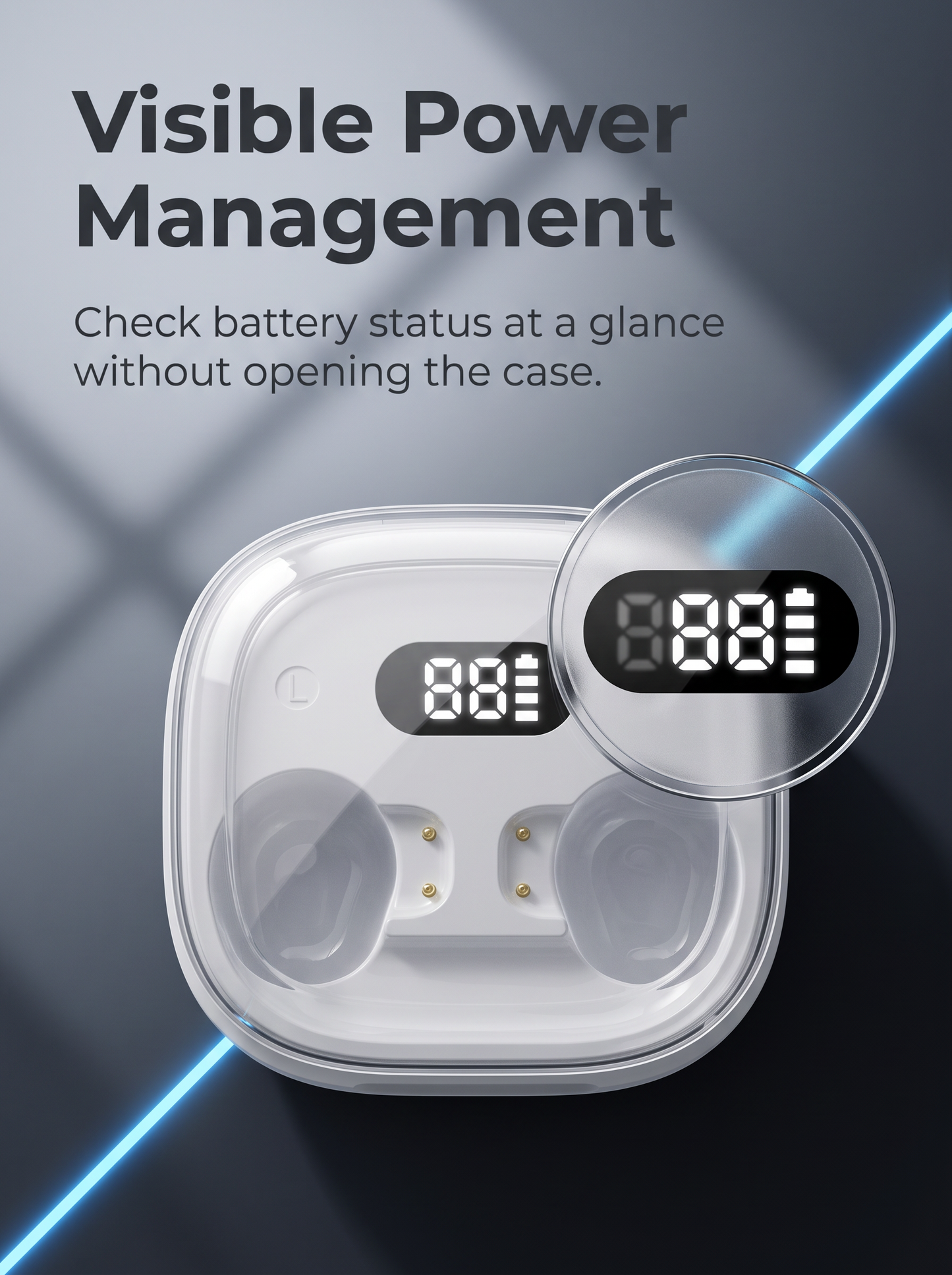 Semi‑In‑Ear TWS Wireless Earbuds‑Square Transparent Window with LED Digital Battery Display, IPX4