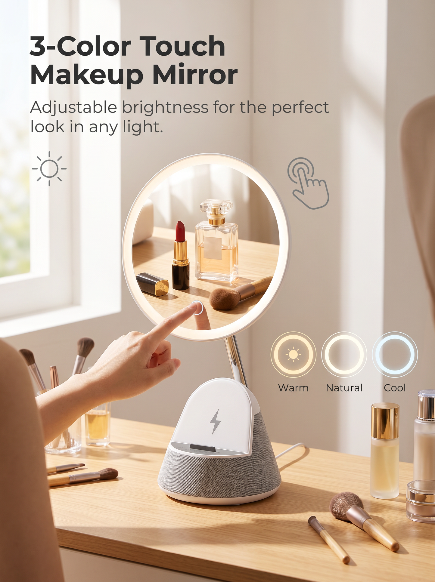 Vanity Mirror Bluetooth Speaker with Wireless Charging & 3-Color Touch Light