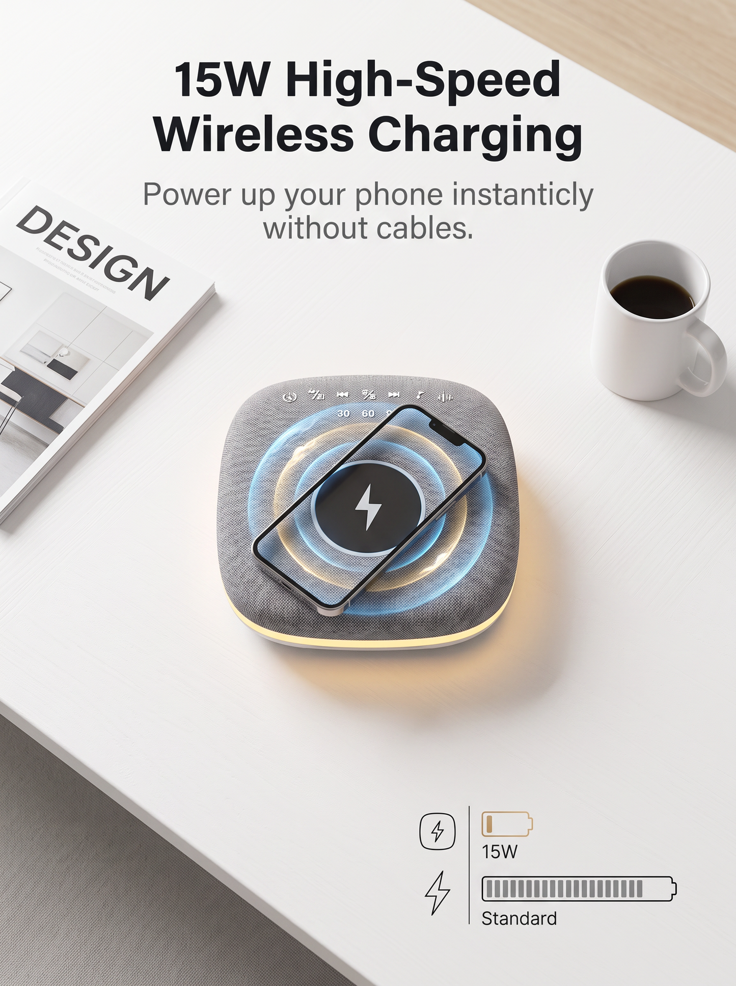 Ambient LED Bluetooth Speaker with Wireless Charging & White Noise