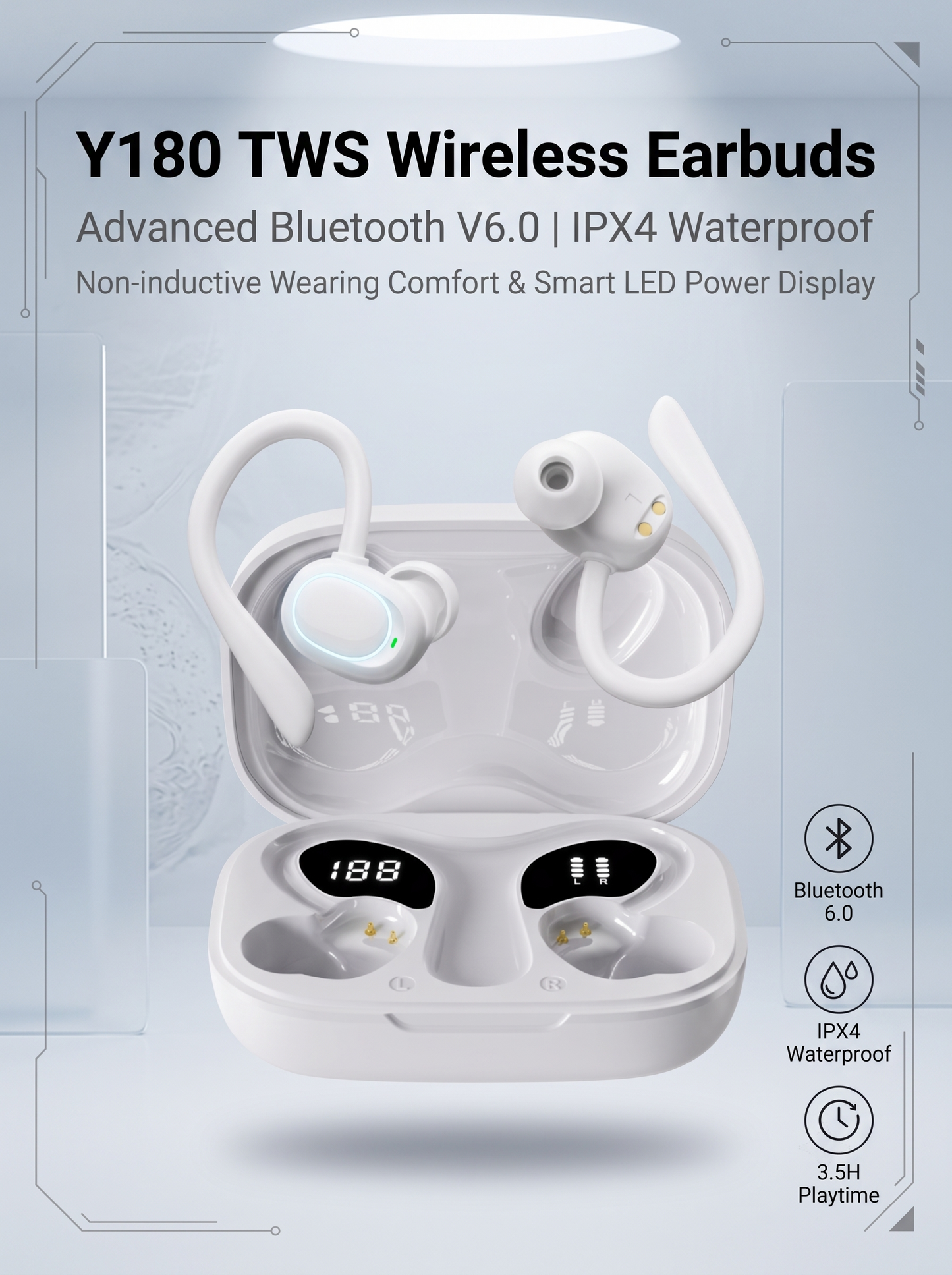Open‑Ear Hanging TWS Wireless Earbuds - IPX4 Water Resistant Comfort Fit Earphones