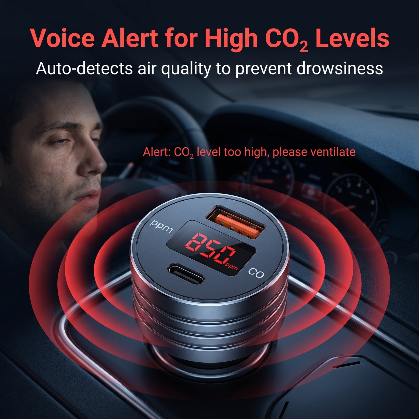 CO2 Monitor Car Charger - Air Quality Detection & Fast Charging