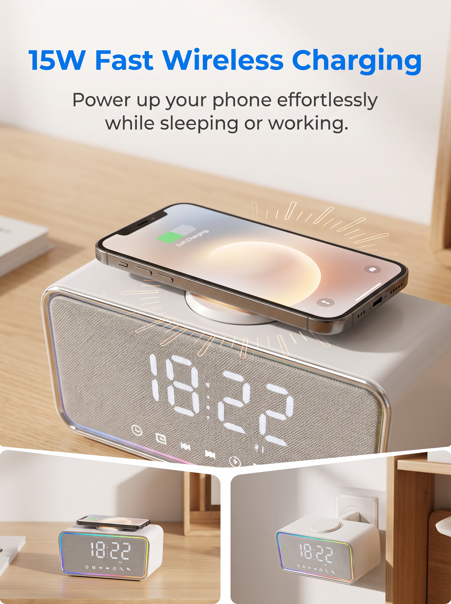 Bluetooth Speaker Alarm Clock with Wireless Charging & LED Mood Light