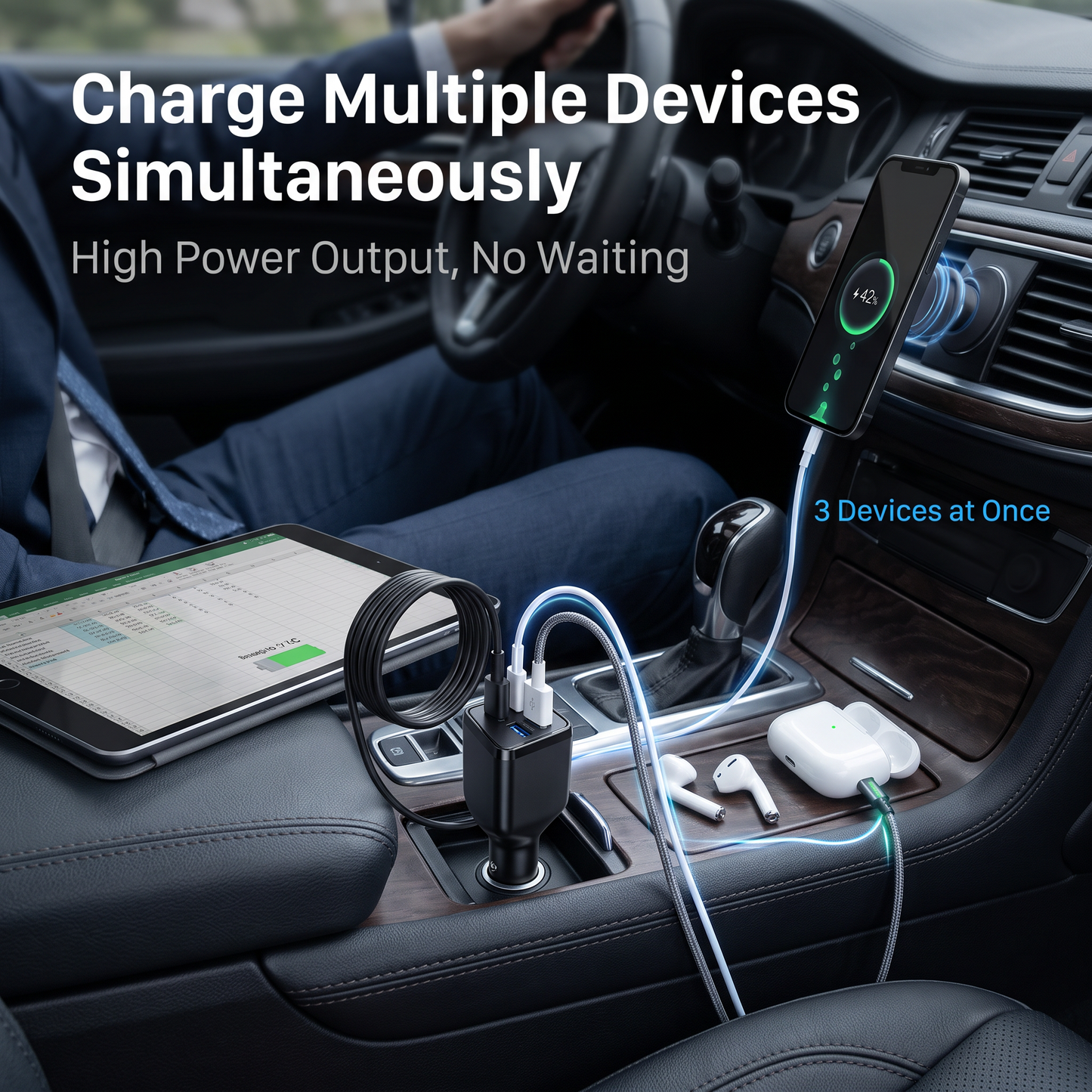NX-08 Retractable Car Charger - 36W PD 3-Port Fast Charge