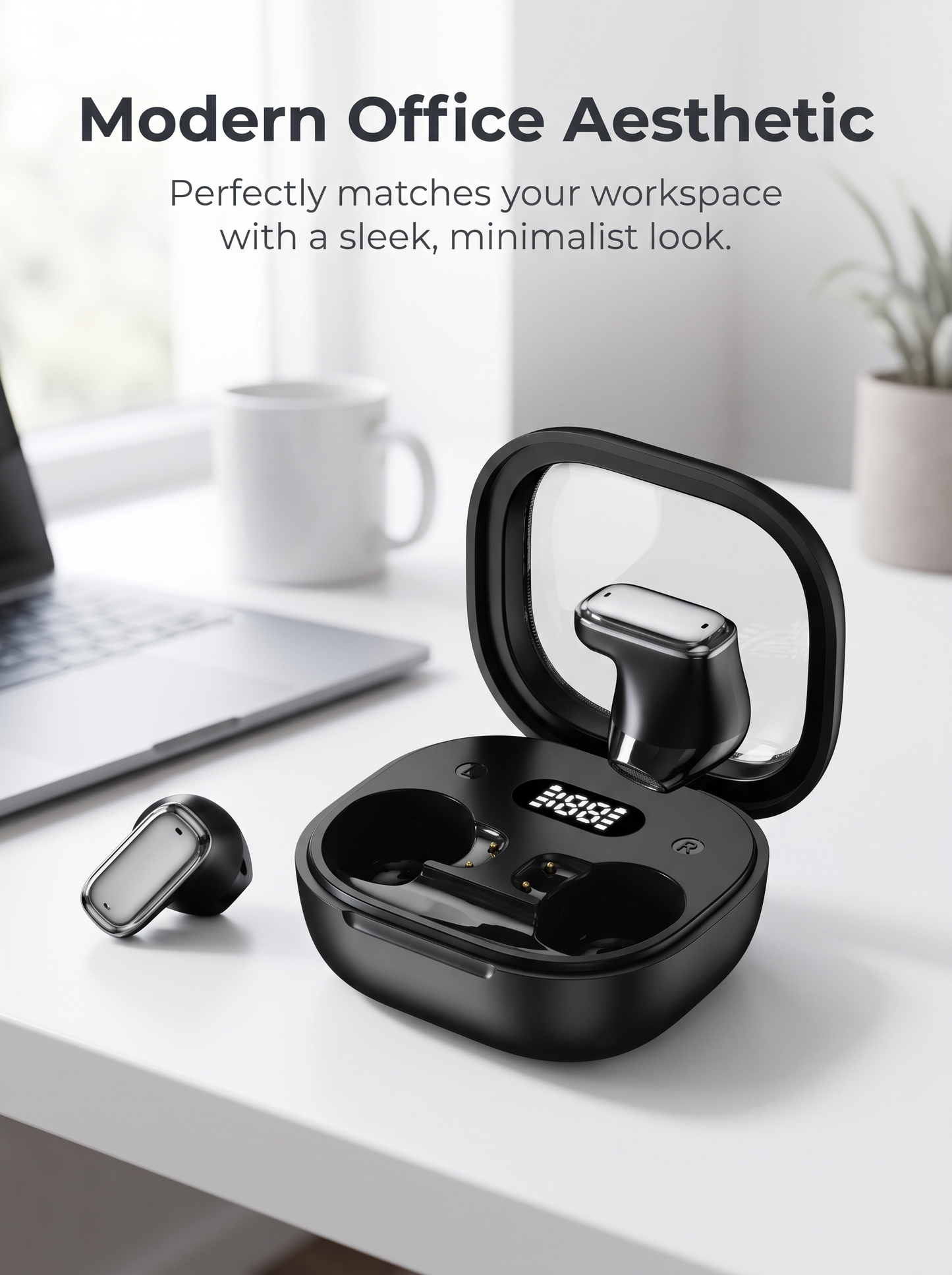 Semi‑In‑Ear TWS Wireless Earbuds‑Square Transparent Window with LED Digital Battery Display, IPX4
