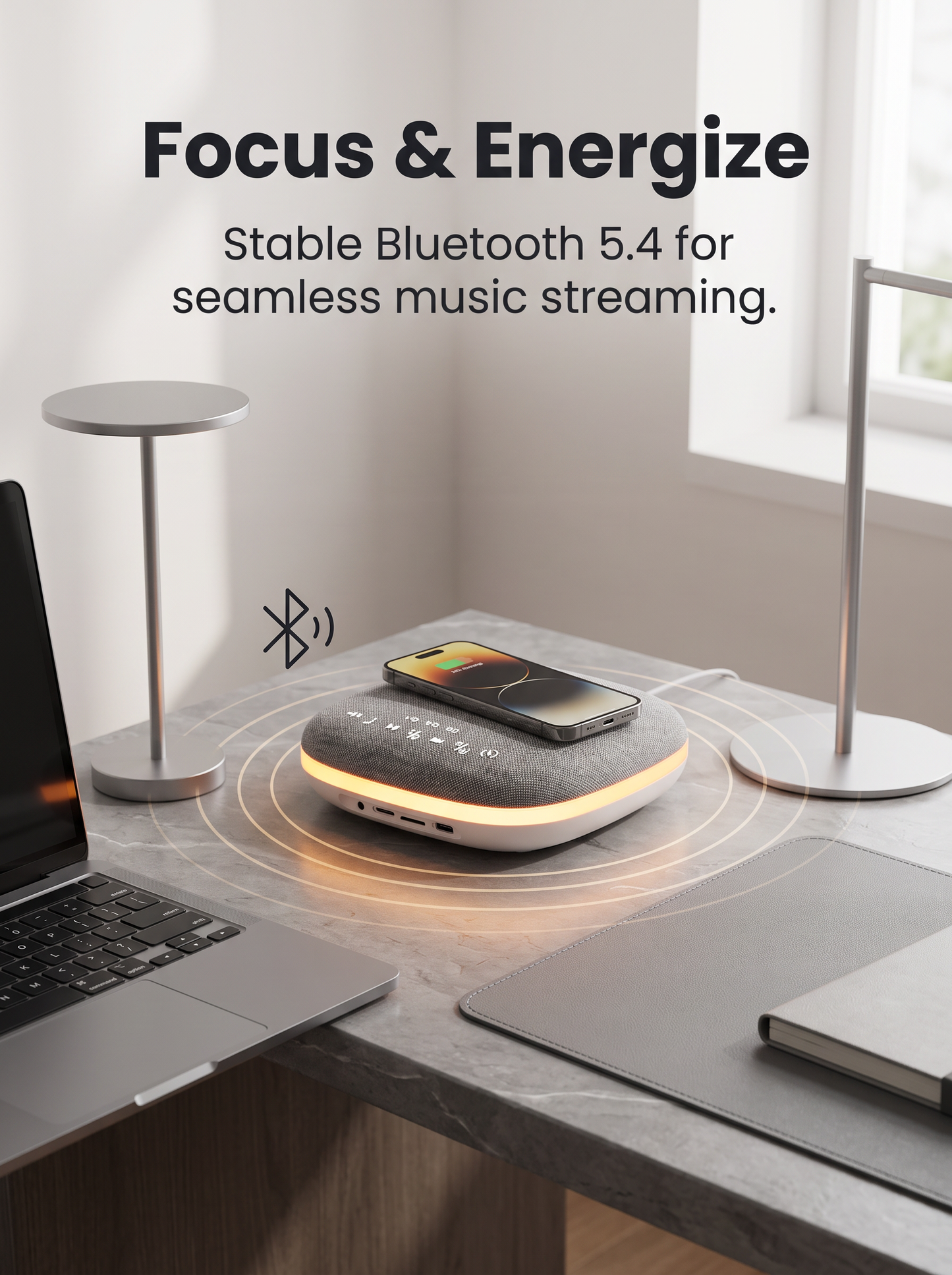 Ambient LED Bluetooth Speaker with Wireless Charging & White Noise