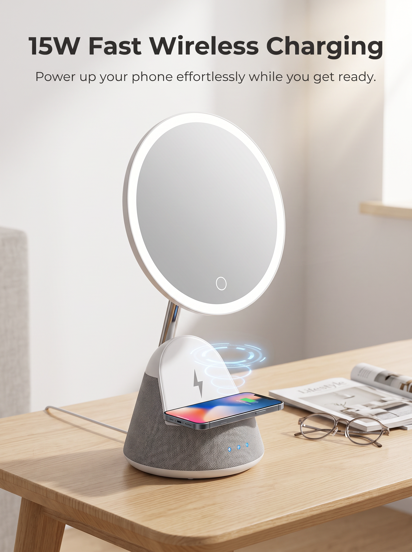 Vanity Mirror Bluetooth Speaker with Wireless Charging & 3-Color Touch Light