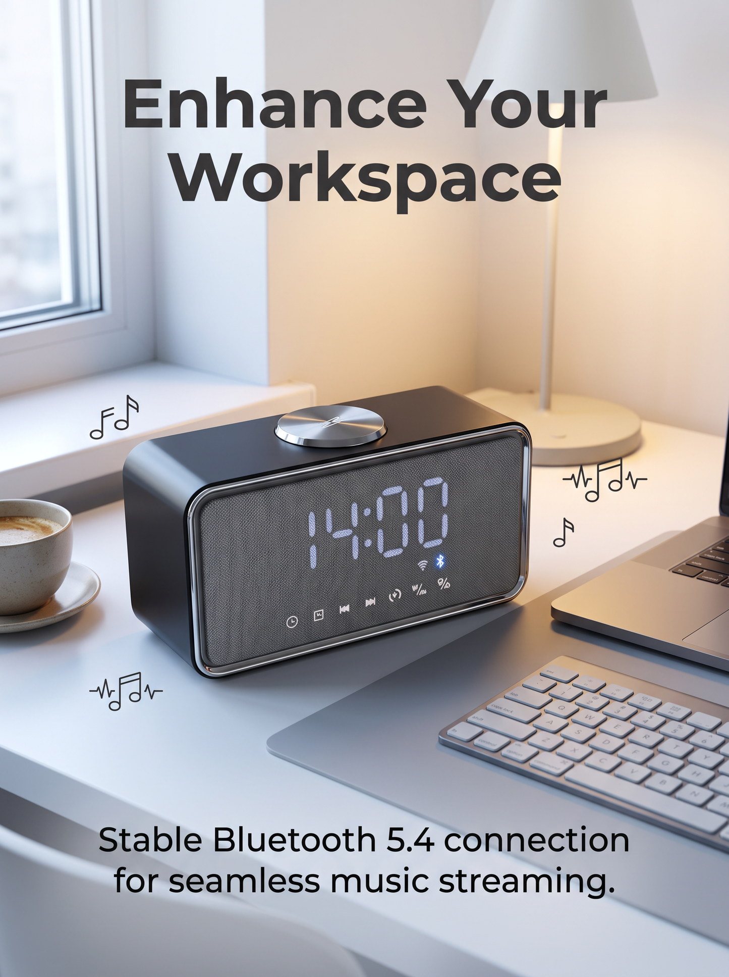 Bluetooth Speaker Alarm Clock with Wireless Charging & LED Mood Light