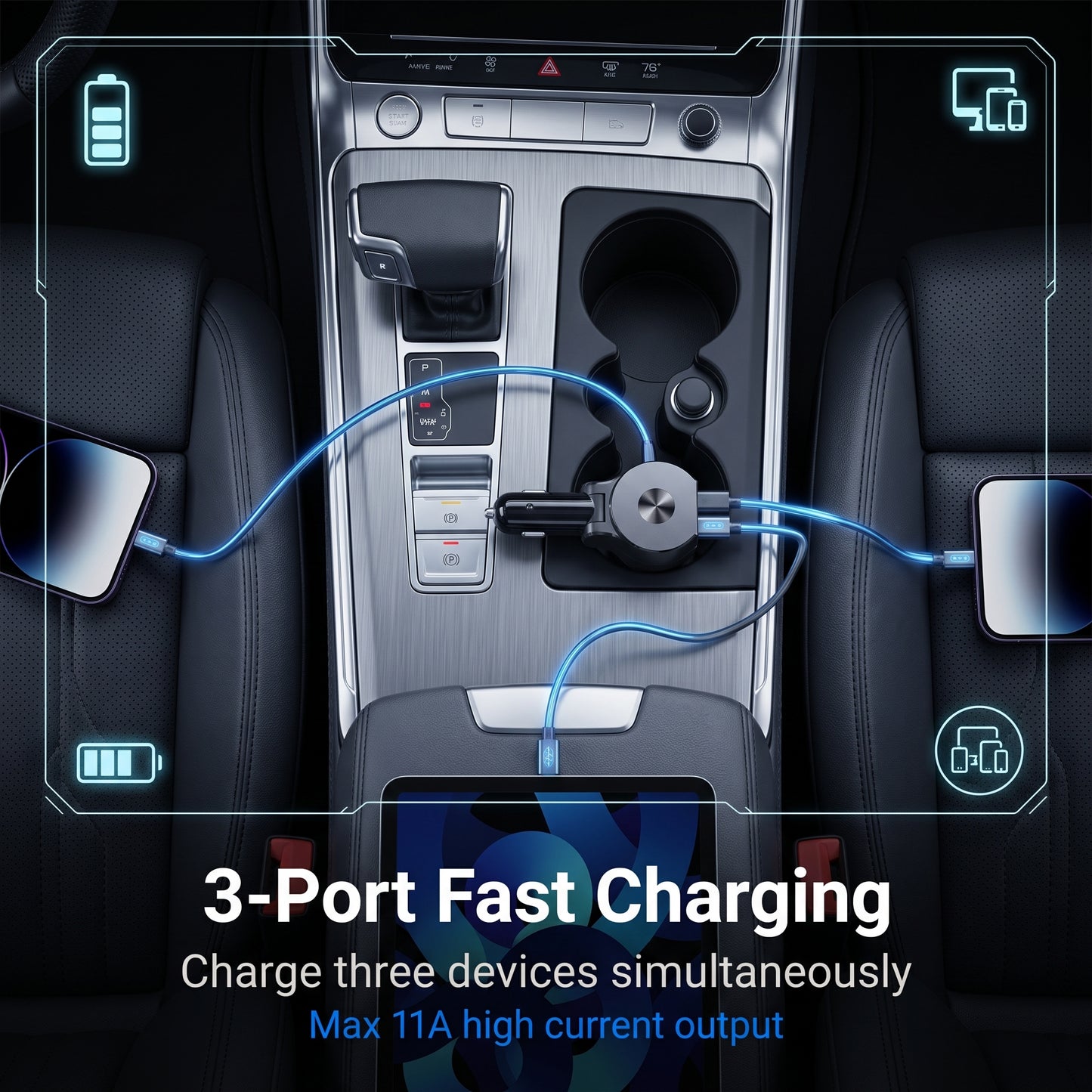 R2 Retractable Car Charger - 3-Port Fast Charging