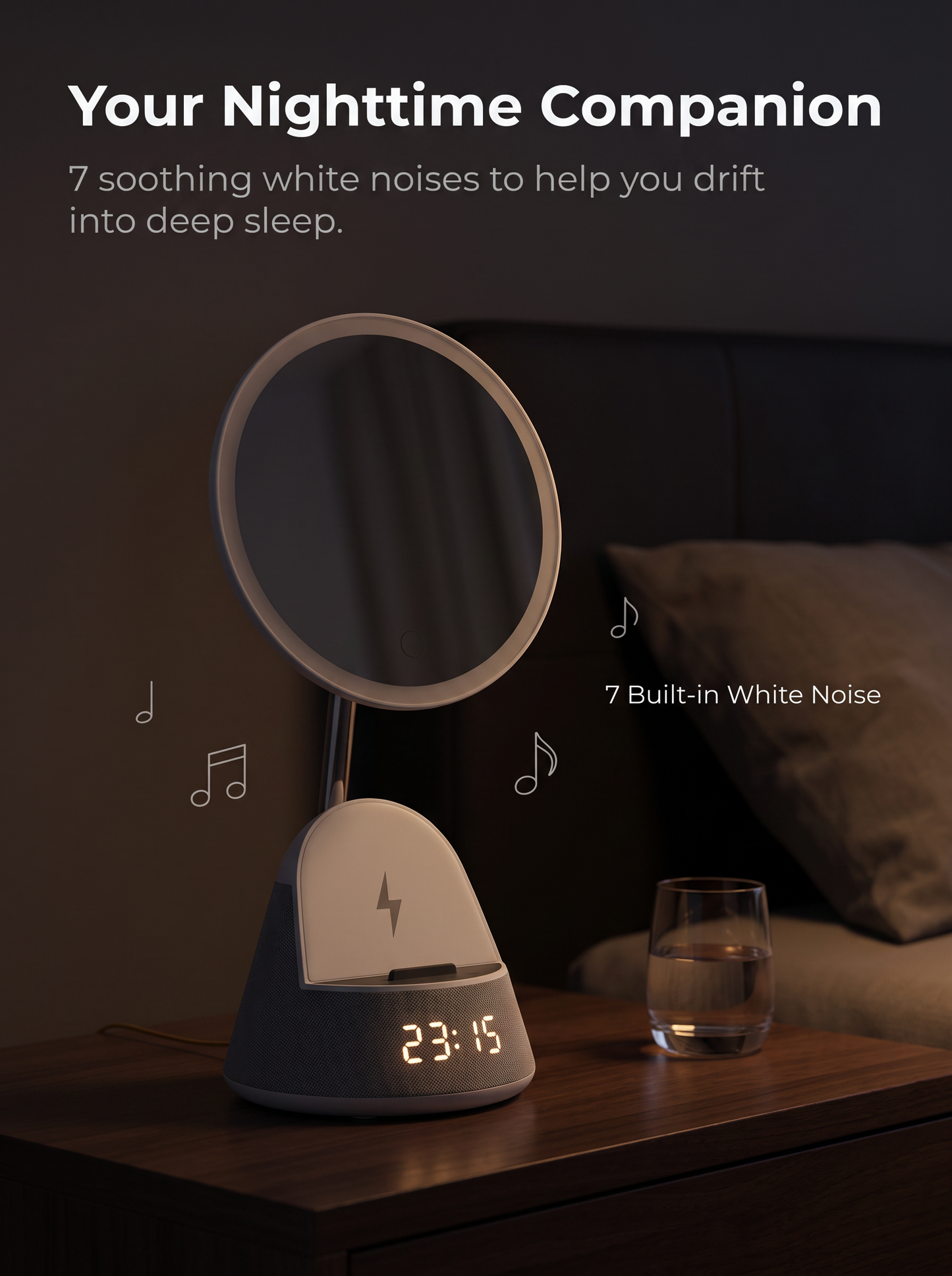 Vanity Mirror Bluetooth Speaker with Wireless Charging & 3-Color Touch Light