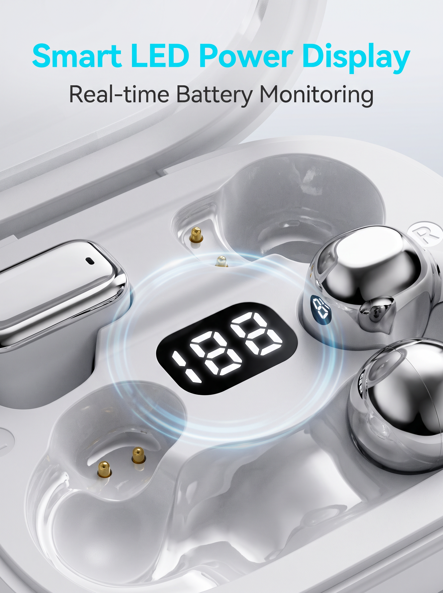 OWS Open‑Ear Clip‑on Wireless Earbuds‑Square Transparent Case with LED Digital Battery Display, IPX4