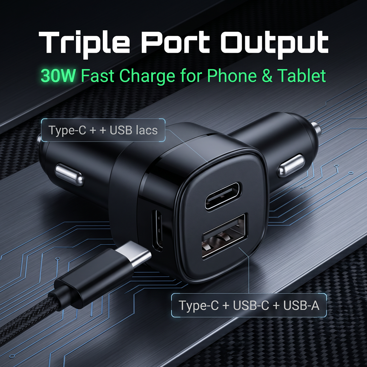 R1 Retractable Car Charger - 30W Dual USB-C Fast Charge