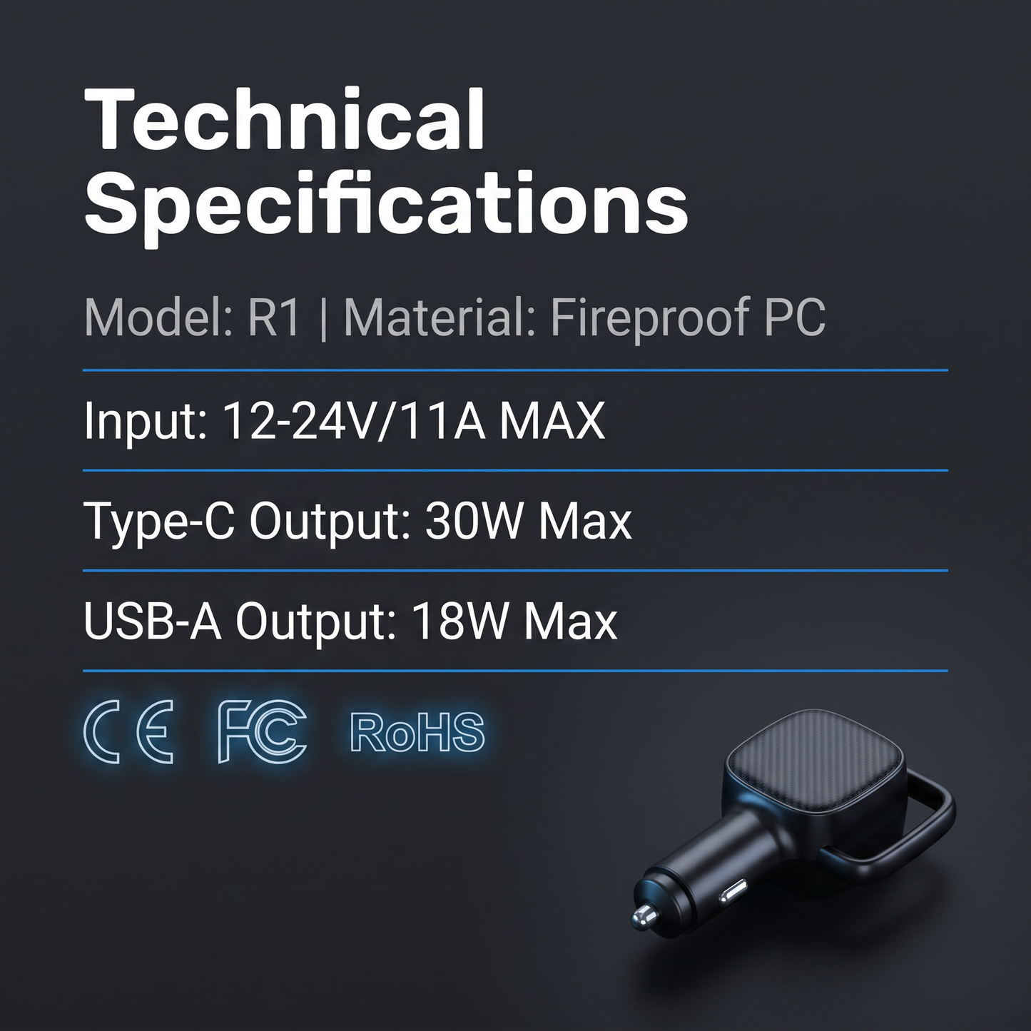 R1 Retractable Car Charger - 30W Dual USB-C Fast Charge