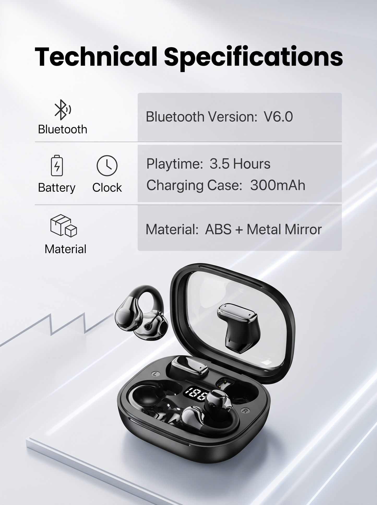 OWS Open‑Ear Clip‑on Wireless Earbuds‑Square Transparent Case with LED Digital Battery Display, IPX4