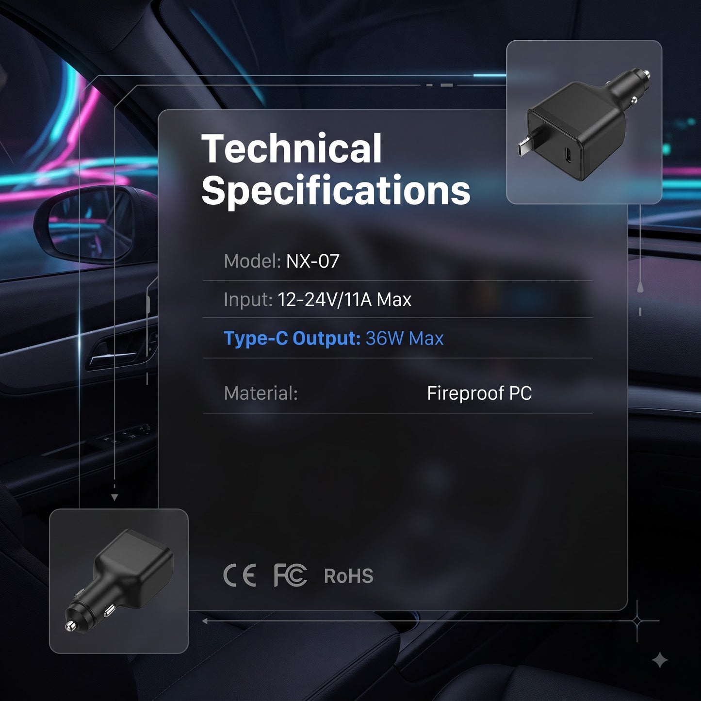 NX-07 Retractable Car Charger - 36W PD Fast Charge
