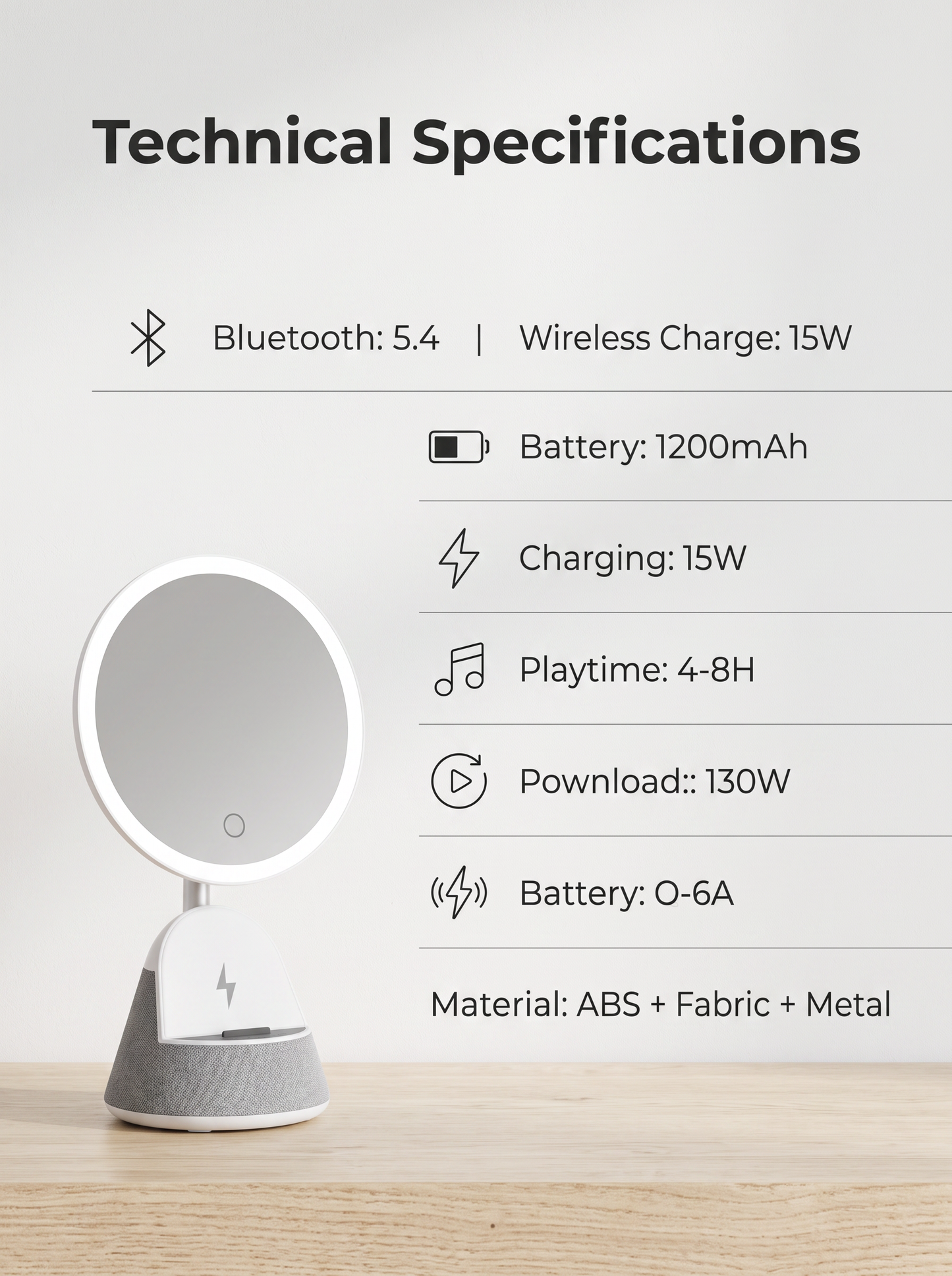 Vanity Mirror Bluetooth Speaker with Wireless Charging & 3-Color Touch Light
