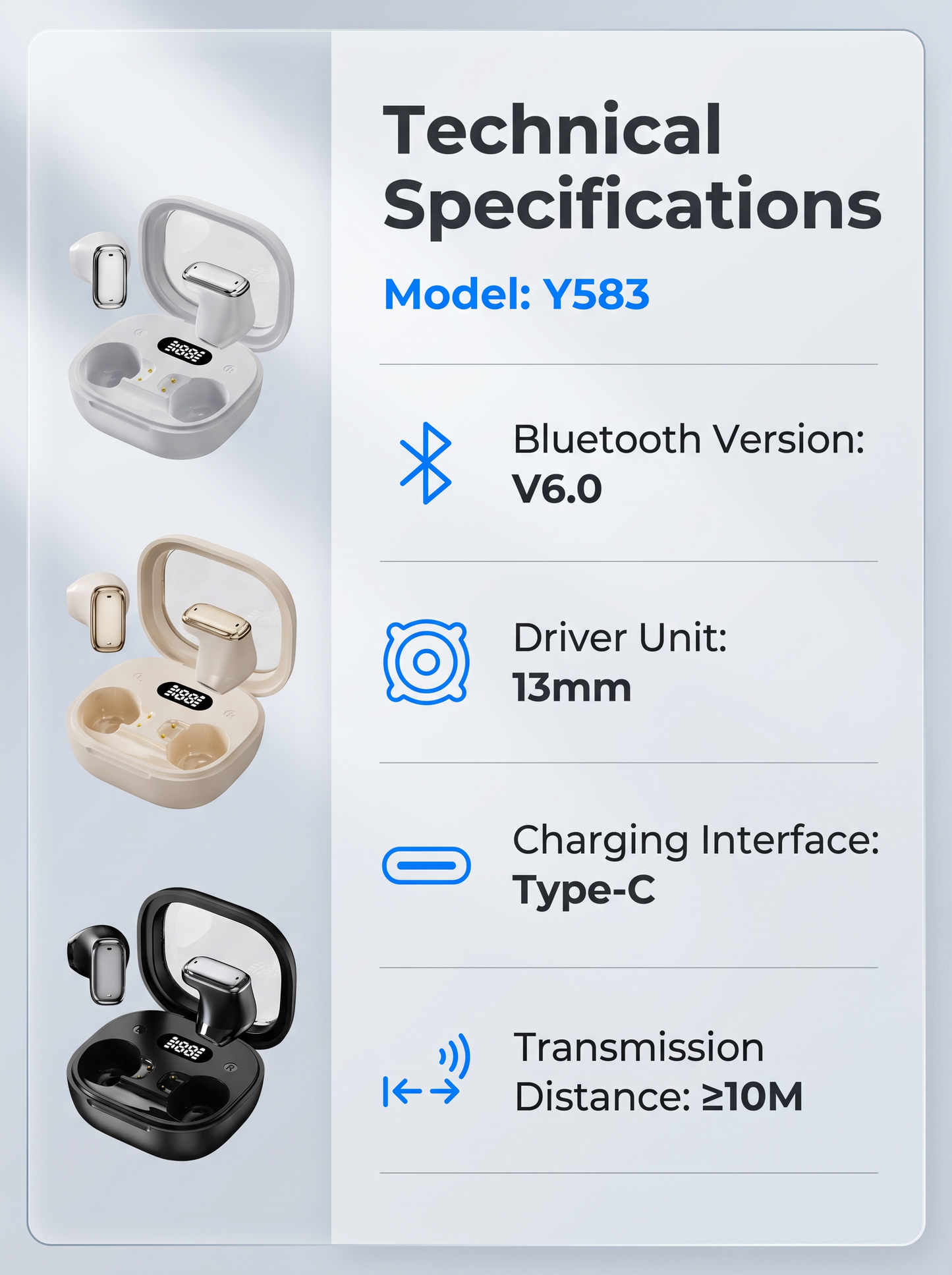 Semi‑In‑Ear TWS Wireless Earbuds‑Square Transparent Window with LED Digital Battery Display, IPX4