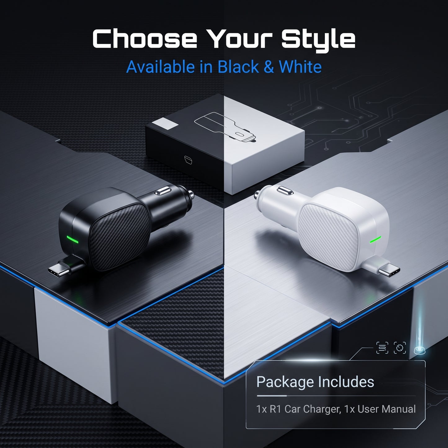 R1 Retractable Car Charger - 30W Dual USB-C Fast Charge