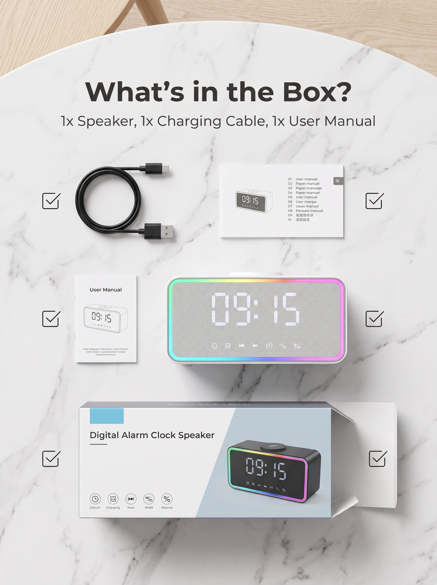 Bluetooth Speaker Alarm Clock with Wireless Charging & LED Mood Light