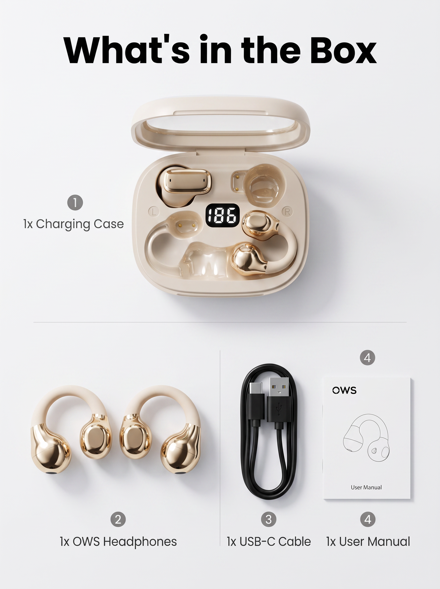 OWS Open‑Ear Clip‑on Wireless Earbuds‑Square Transparent Case with LED Digital Battery Display, IPX4
