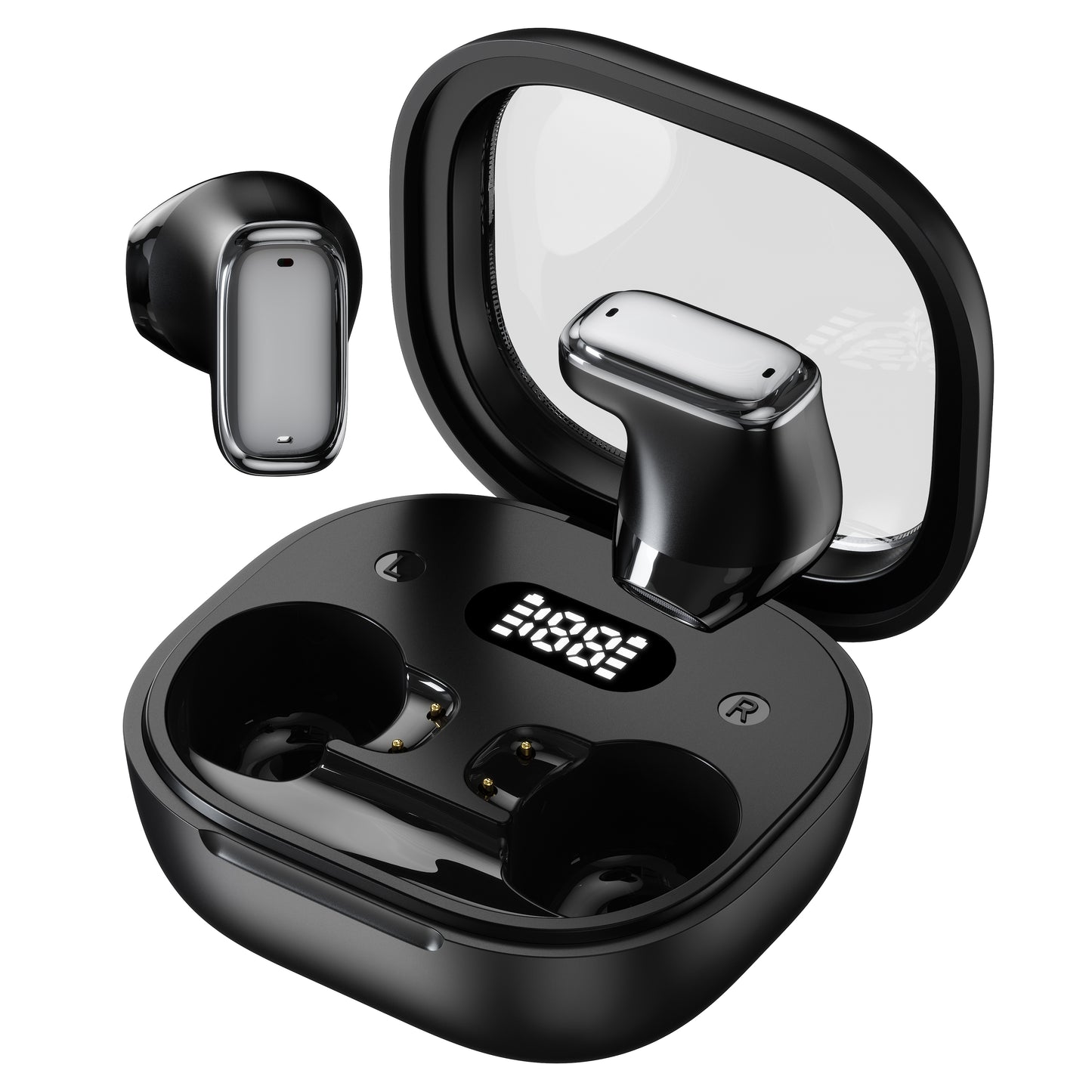 Semi‑In‑Ear TWS Wireless Earbuds‑Square Transparent Window with LED Digital Battery Display, IPX4