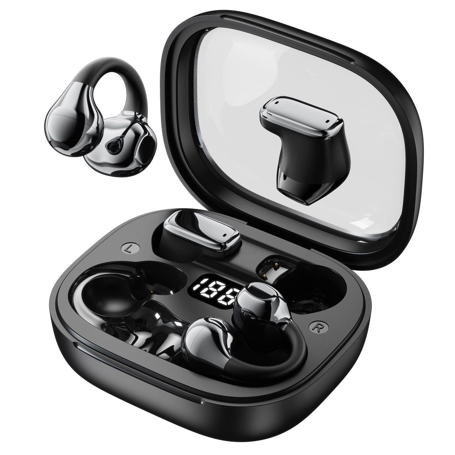 OWS Open‑Ear Clip‑on Wireless Earbuds‑Square Transparent Case with LED Digital Battery Display, IPX4