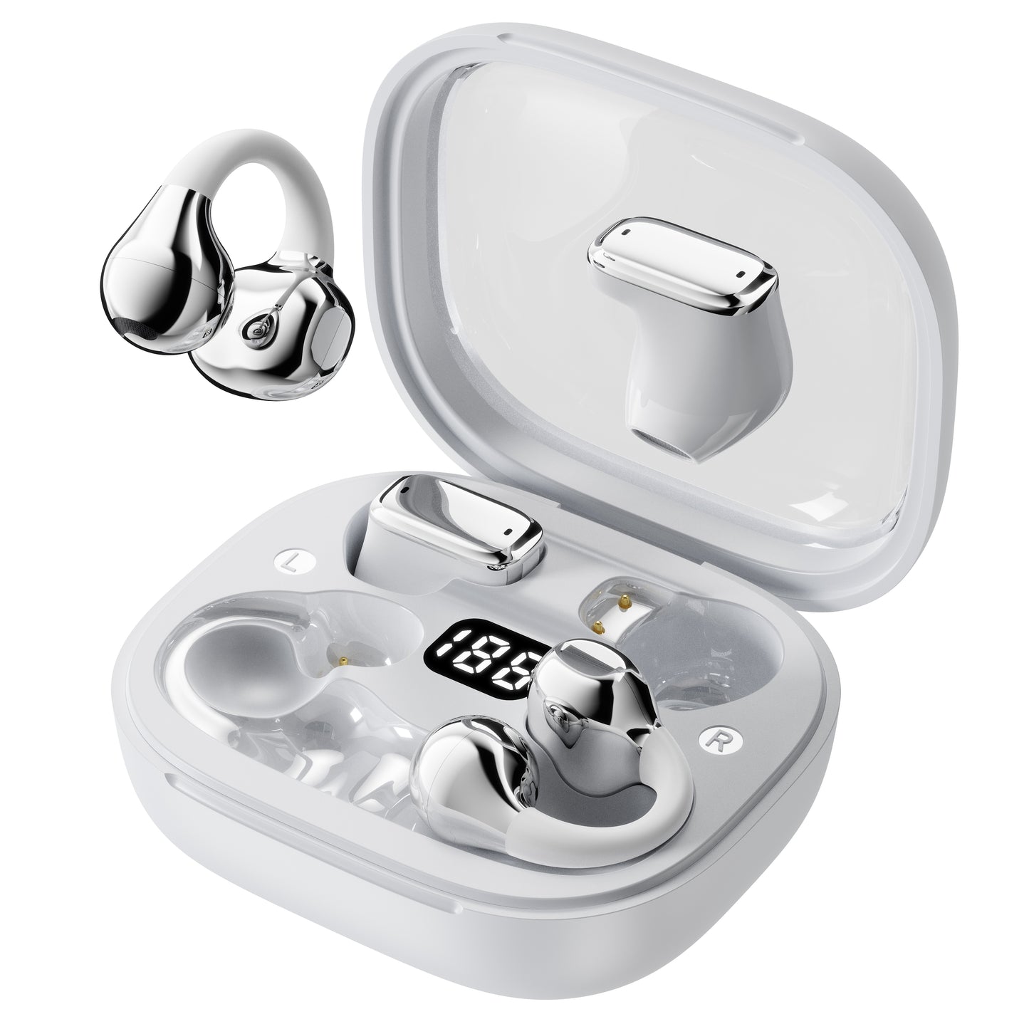 OWS Open‑Ear Clip‑on Wireless Earbuds‑Square Transparent Case with LED Digital Battery Display, IPX4